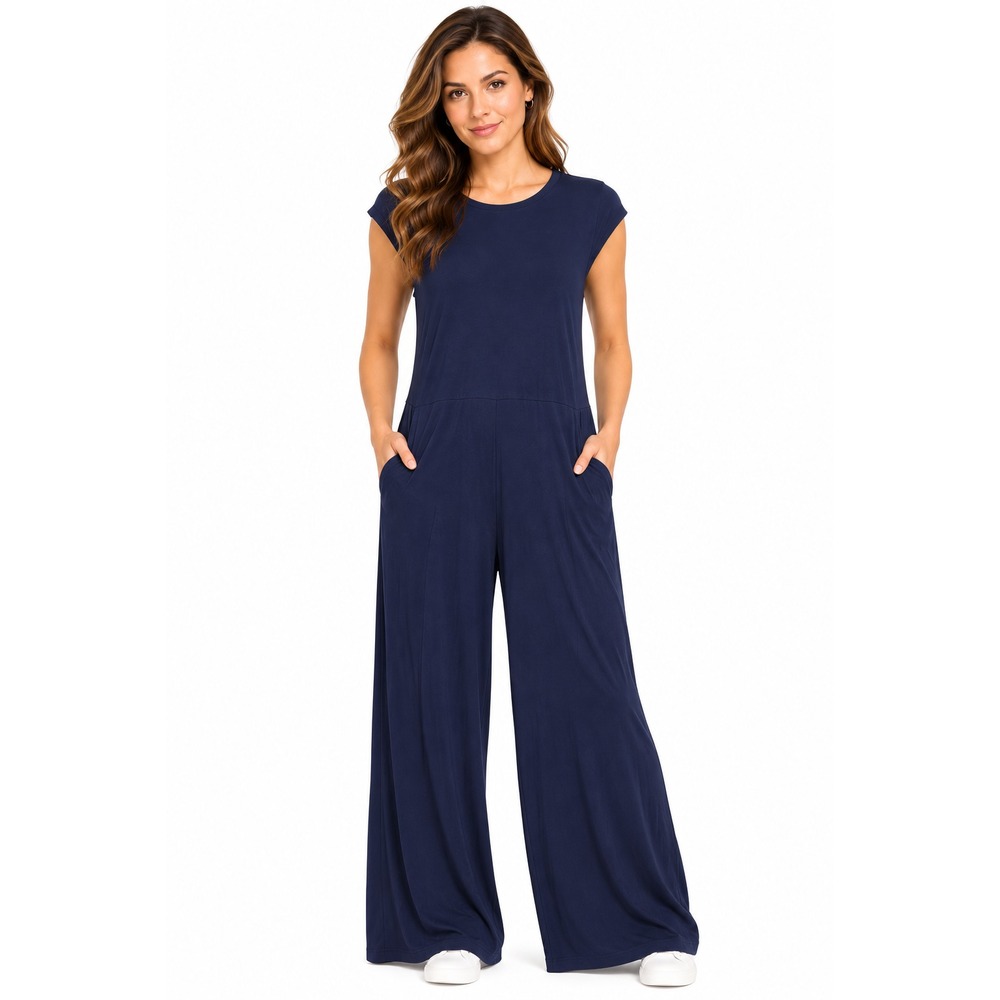 Eileen Fisher Jumpsuit Womens M Blue Jersey Wide Leg Round Neck Pockets Zip
